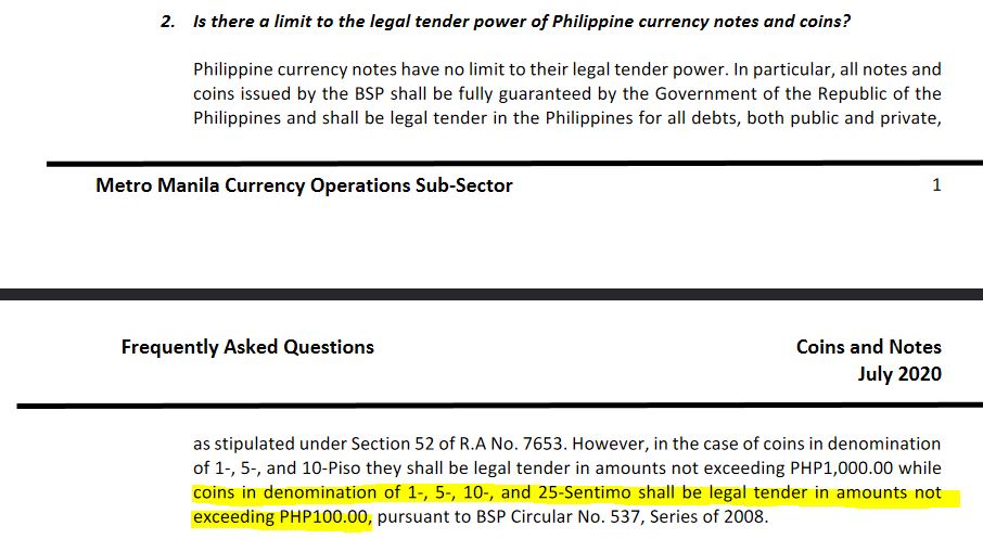 paul_enc's tweet photo. @lula999999999 @inquirerdotnet It is not legal tender if the amount exceeds 100 pesos. https://t.co/u3sjiK6nvH