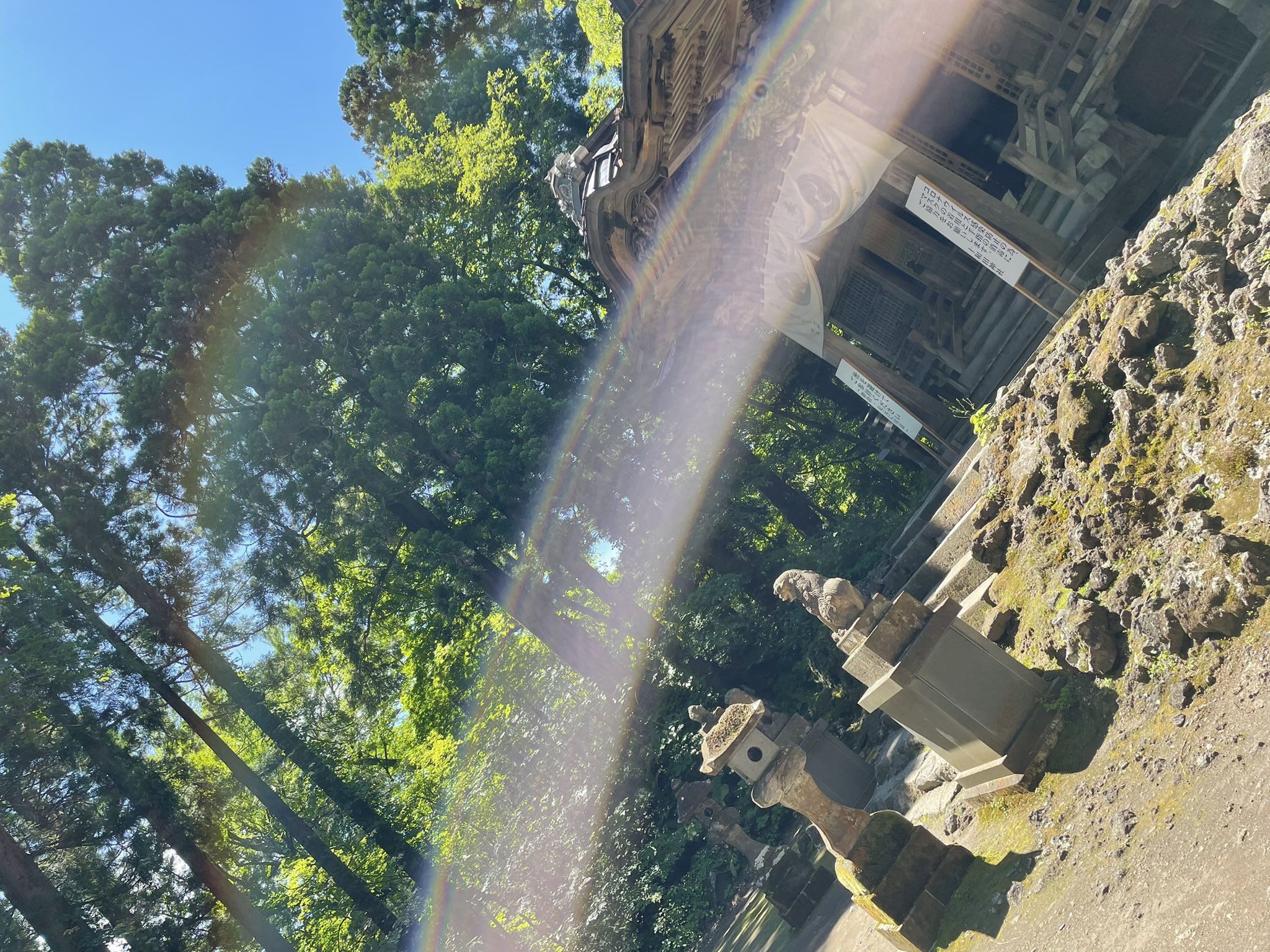 Arare 空が好き 龍の神社 カメラを向けたら 虹の白龍 神社の白い家紋 の上に目らしきものがみえる 空にも虹 龍の背中 お腹側にも 虹らしきものが いいことあるかな 湖畔を散歩したら 龍の雲 空には ひかる 白い 龍 神秘的 周りの樹木も