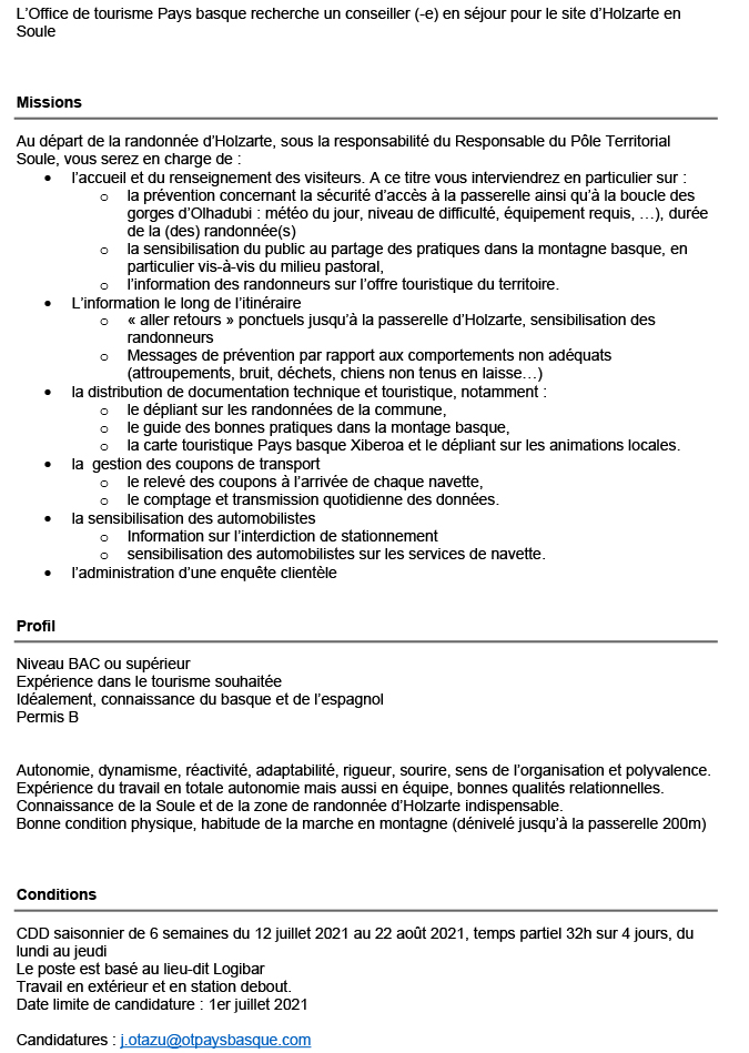 NicoMartinLaRo's tweet image. Dans le cadre d'une expérimentation pour l'été 2021 l'@OT_PaysBasque recrute, un emploi saisonnier au pied de la passerelle d'Holzarte. Pour les amoureux de la Soule, afin de "réguler" l'accès à ce site parfois trop fréquenté. Un grand sens de la pédagogie est demandé 🙏🙂🤝🌲⛰️