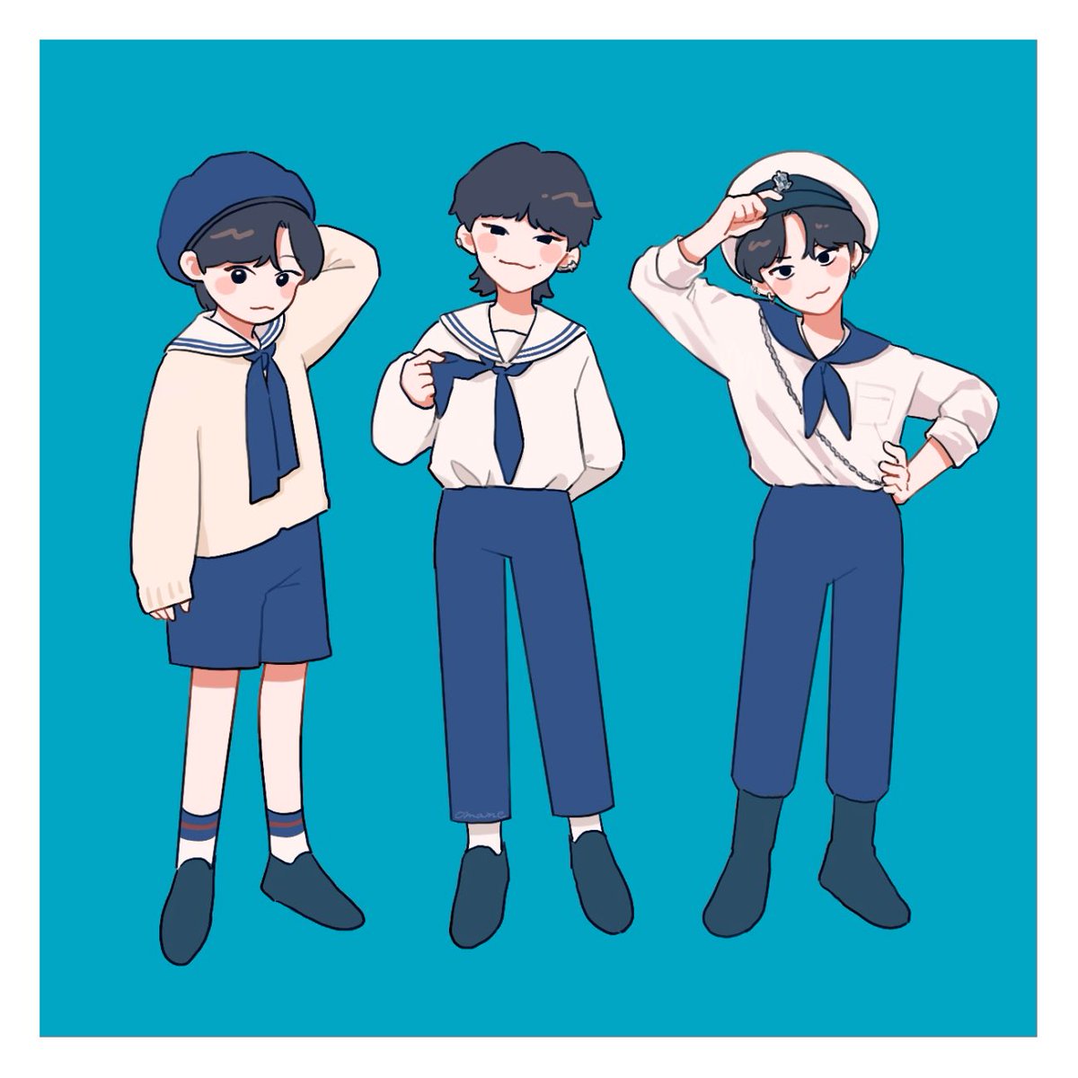 blue pants hat 3boys multiple boys white shirt shirt male focus  illustration images