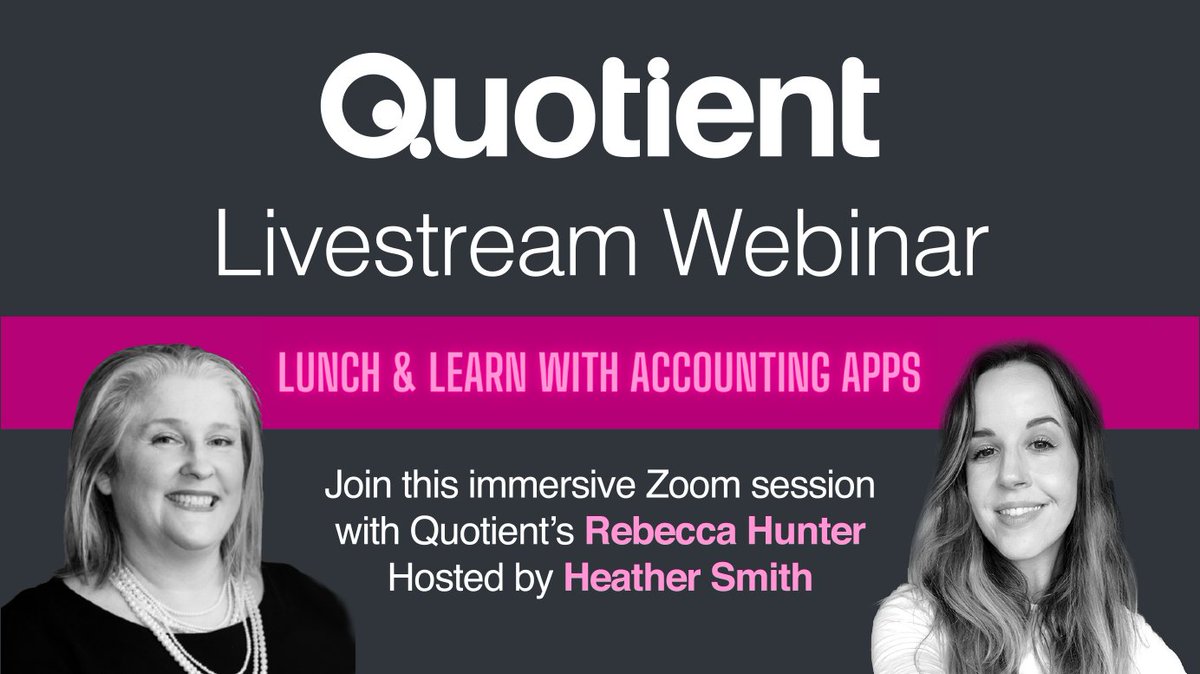 QuotientApp's tweet image. Join Quotient’s Rebecca Hunter this Thursday lunchtime at 12pm AEST for a live demo and chat with @HeatherSmithAU. Register here: us02web.zoom.us/webinar/regist… #accountantsandaccounting