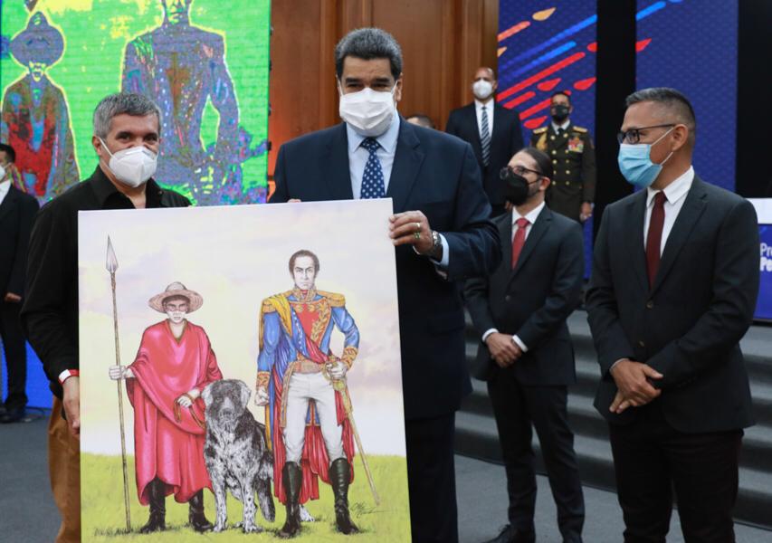 Agradezco este bello regalo realizado por el artista y pintor Omar Cruz, que comparto con todos los niños y niñas de Venezuela. Un cuadro verdaderamente hermoso que nos muestra con todo su colorido, a nuestro gran Libertador Simón Bolívar y a su perro Nevado.