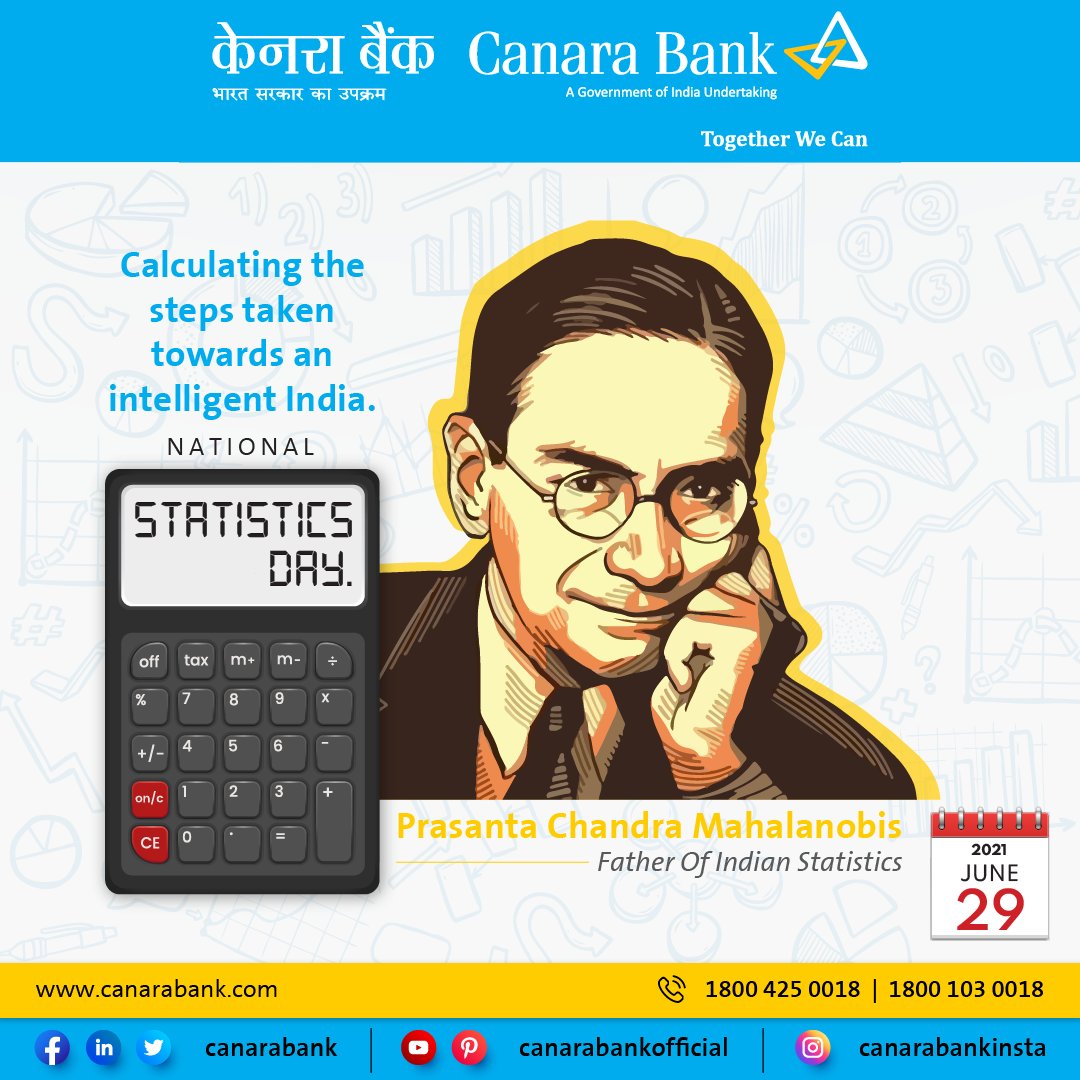 canarabank's tweet photo. This #NationalStatisticsDay, we celebrate the birth of Prasanta Chandra Mahalanobis and his advancements in the fields of #EconomicPlanning and #StatisticalDevelopment in the post-independent era.
#CanaraBank #TogetherWeCan https://t.co/2Y1M2VuYnQ