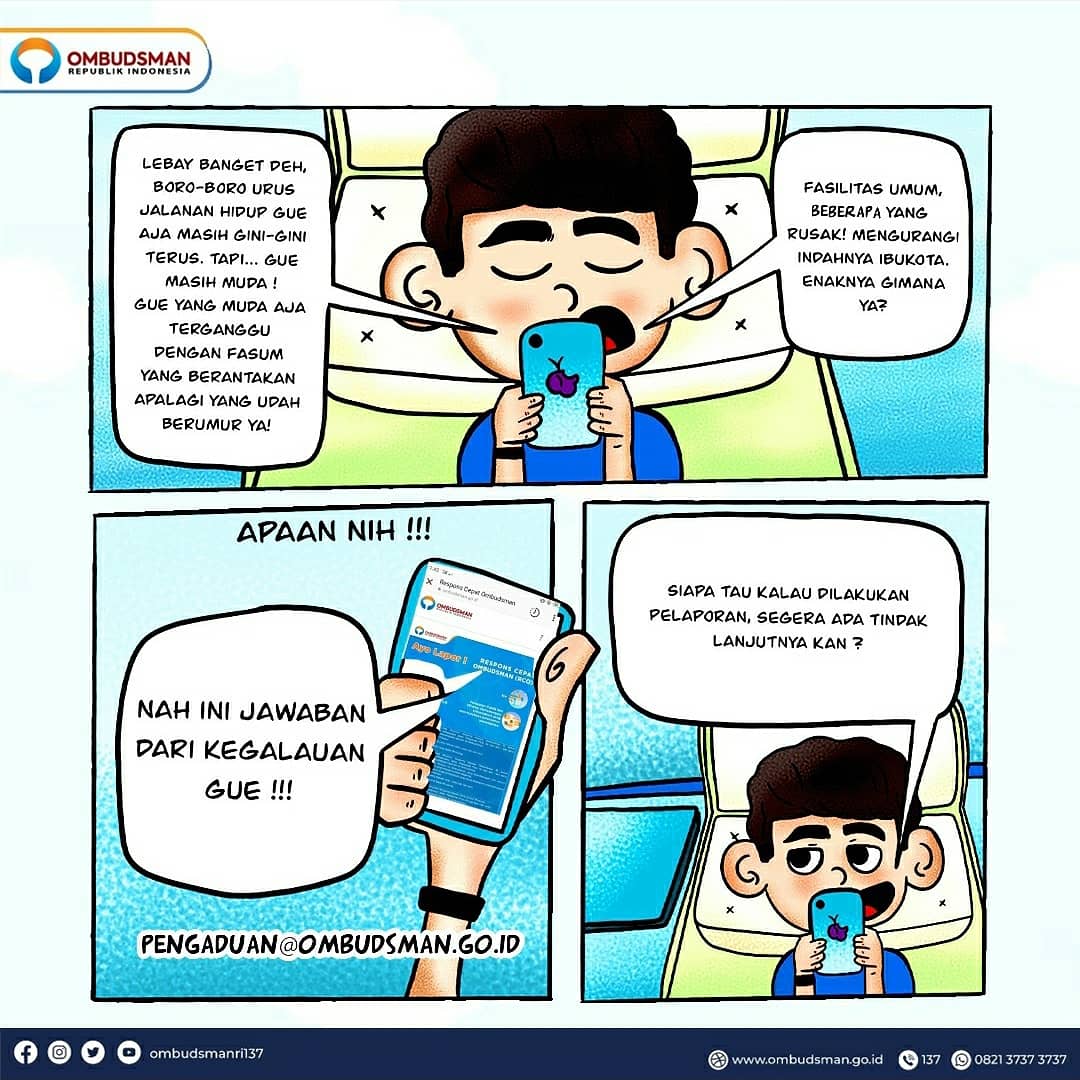 OmbudsmanRI137's tweet photo. Hai, #KomikOmbudsman bercerita 🙂

Saat telusur sosial media, ternyata ada beberapa temuan terkait jalan/ fasilitas umum yg rusak.

Sempat terpikir sejenak u/ apatis akan hal tersebut namun berhubung ada laman pengaduan@ombudsman.go.id yg harus dimanfaatkan sebaik mungkin. Jadi , https://t.co/aM48JWzL91