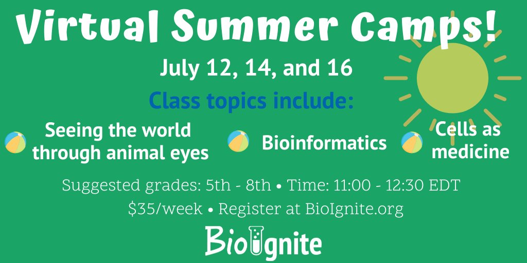 There is still time to register for our camp starting July 12th! Check out these new exciting class topics we are debuting! bioignite.org/virtual-summer…