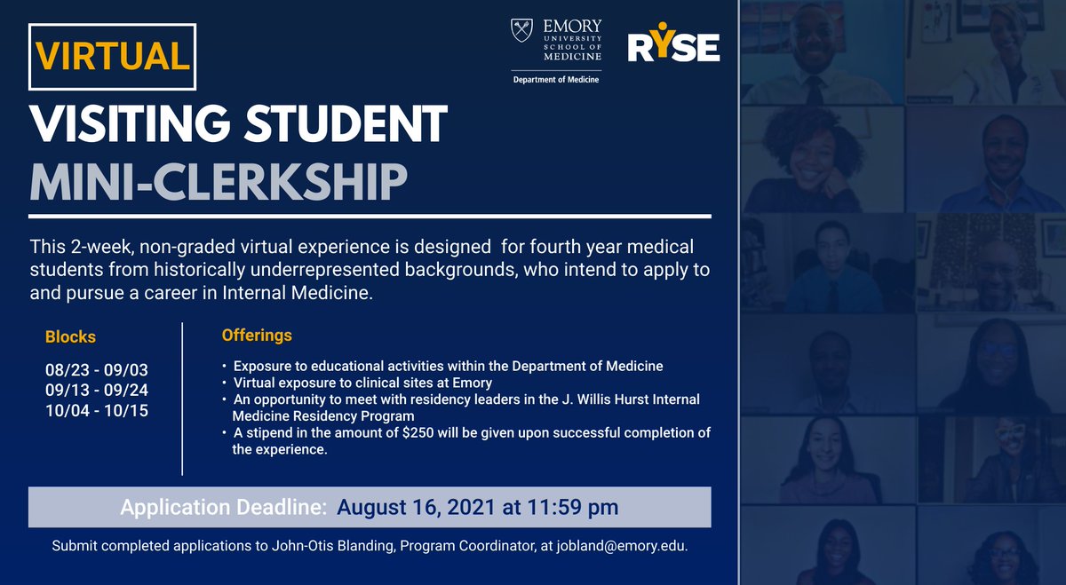 gradydoctor's tweet photo. Hey #MedStudentTwitter!

Applications are NOW OPEN for the @EmoryDeptofMed @EmoryDOMRyse Virtual Visiting Mini-Clerkship! 

Just ask our prior RYSE scholars--It's an  EXPERIENCE UNLIKE ANY OTHER!

Details and link to application here:

https://t.co/hfj6rH01FG

#RYSEUP 👊🏾 https://t.co/pwXJkGFqX6