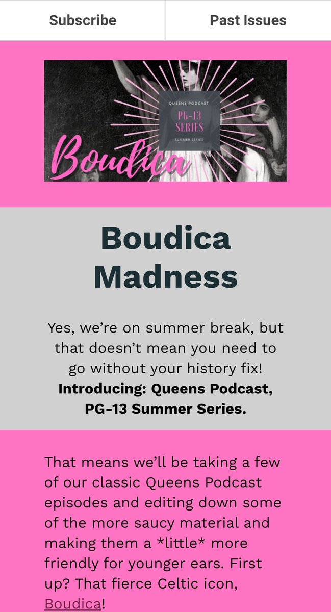 Queens Podcast (@queens_podcast) on Twitter photo Latest Queens newsletter is out and it's all about #Boudica and the obsession worthy podcasts that cover her. <a href="/theexploresspod/">The Exploress Podcast</a> <a href="/AncientHistFan/">Ancient History Fangirl (UPDATES ONLY)</a> & #YoureDeadtoMe. Cheers y'all!
mailchi.mp/098e5f659312/c… Latest Queens newsletter is out and it's all about #Boudica and the obsession worthy podcasts that cover her. <a href="/theexploresspod/">The Exploress Podcast</a> <a href="/AncientHistFan/">Ancient History Fangirl (UPDATES ONLY)</a> & #YoureDeadtoMe. Cheers y'all!
mailchi.mp/098e5f659312/c…
