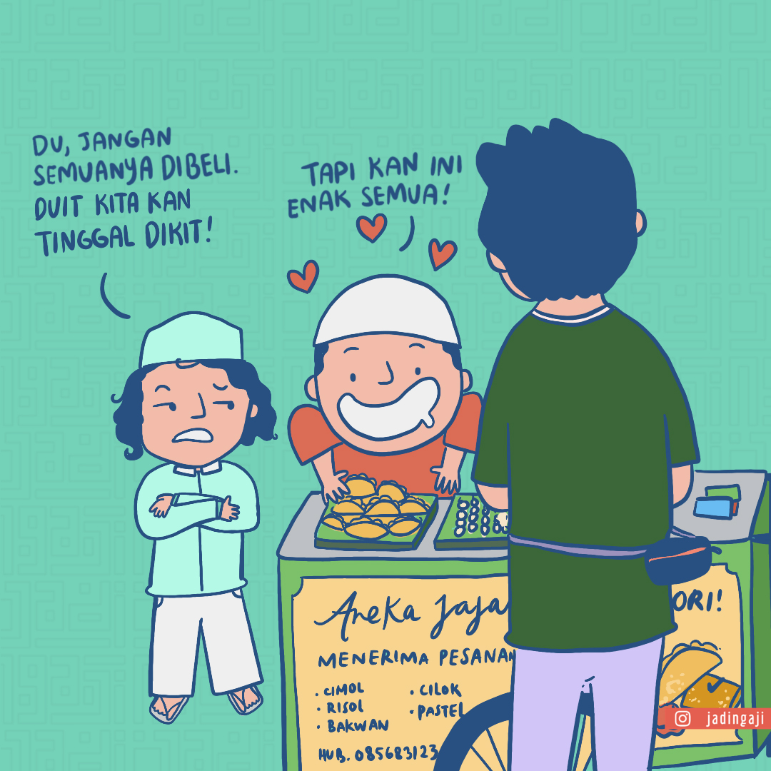 jadingaji's tweet photo. Ada cimol, ada cilok, ada pisang goreng, risol, bakwan, singkong aduuuh semua nya bikin Didu kalap nih! tapi masa semuanya dibeli? Duit kita kan lagi ga cukup nihhhh😵

Kamu tim Arif apa Didu? Hayoooo
#komikislam https://t.co/wCrnoPwTKE