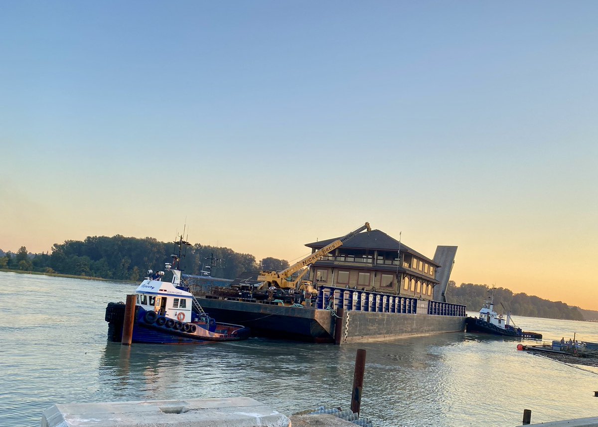 Working through the heat wave.  This expansive office building was barged yesterday from Delta to Pitt Meadows.  We have a “cool” crew!  #nickelbros