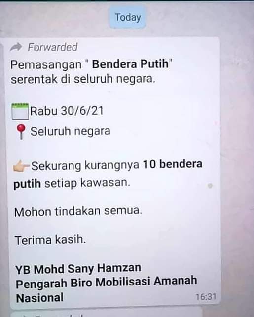 tamarjaya0's tweet photo. PESANAN‼️: Yang telah mengibarkan bendera putih di rumah masing-masing kerana keperluan, anda jangan bimbang. Anda bukan sasaran mesej ini. Bantuan insyaAllah akan tiba.

Ini adalah thread ringkas

BENDERA PUTIH ATAU 'FALSE FLAG'

1/4 https://t.co/eH14fghD5n
