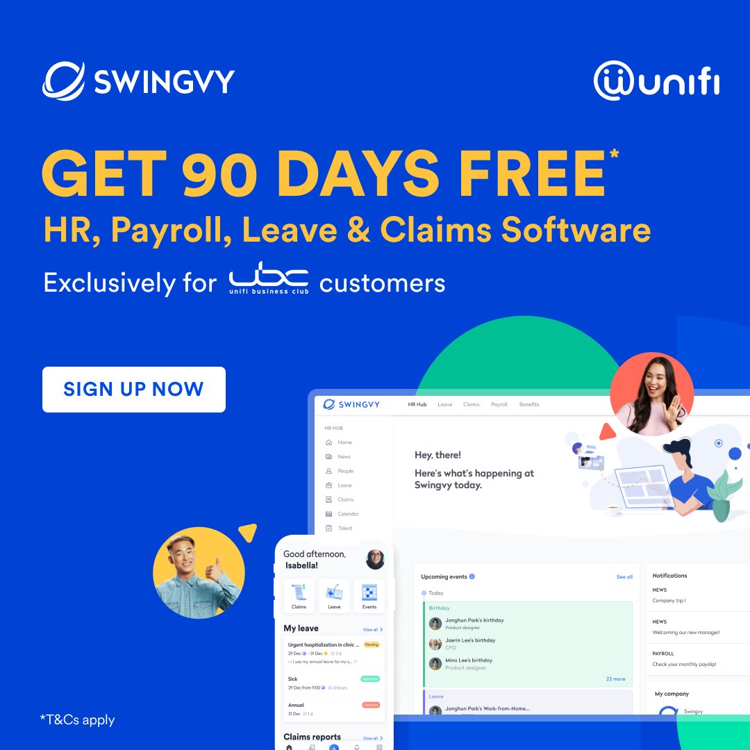 Calling #Unifi Business Customers! Get 90 days UNLIMITED FREE ACCESS to #Swingvy Premium + Payroll software when you sign up from now until 31 August 2021: hubs.ly/H0R0BwM0

✅  Generate e-payslips
✅  Automatically calculates PCB, HRD, EPF, SOCSO 
✅  Easy customisation