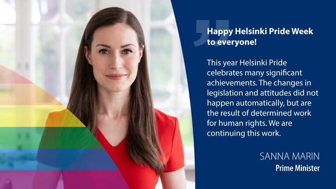Sagarmediainc 

Prime Minister @MarinSanna
 Wishes Happy Helsinki Pride Week to everyone!

Finland develops the rights of #LGBTI people in such international forums as the UN, the EU, the CoE and the OSCE. https://t.co/4fOpk4iinz