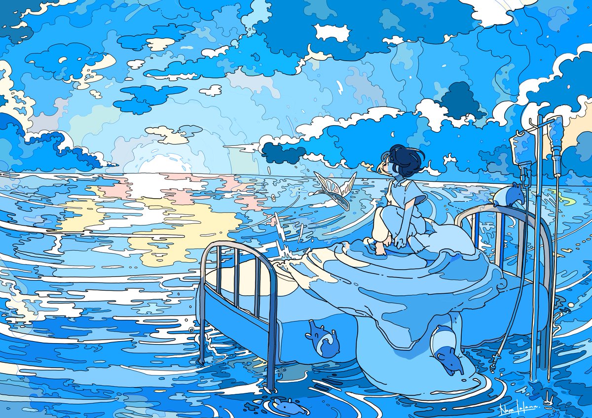 1girl cloud solo sitting sky water black hair  illustration images