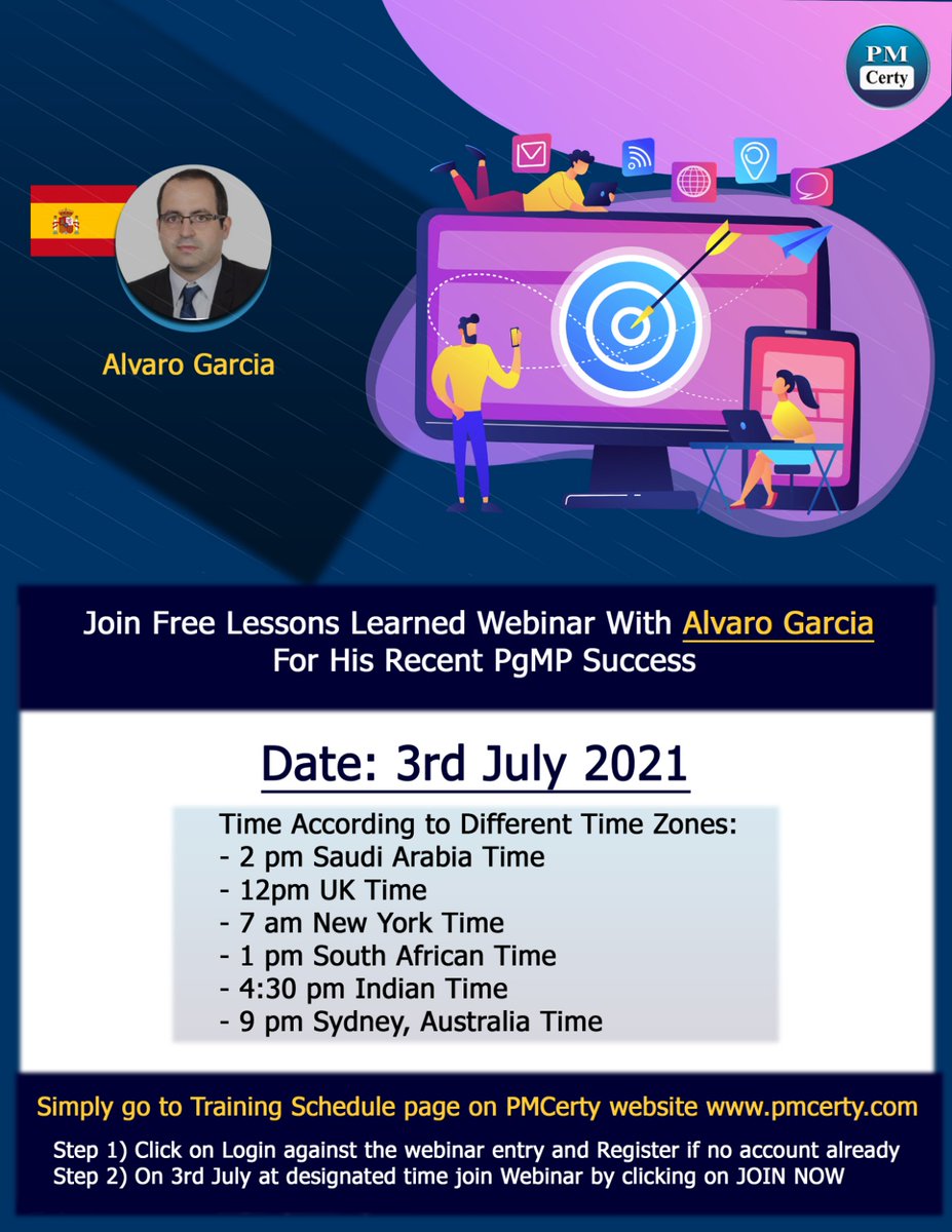 PMCerty's tweet photo. PMCerty is inviting you to join the FREE Lessons Learned Webinar planned with guru Alvaro Garcia for his recent PgMP Success.

https://t.co/osMwat3Xni

3rd July 2021

#pmp #pmpcertification #pmpexam #pmi #pmptraining #programmanagement #pfmp #pfmptraining  #pfmpexam #webinar https://t.co/QPZ7fcCdqT