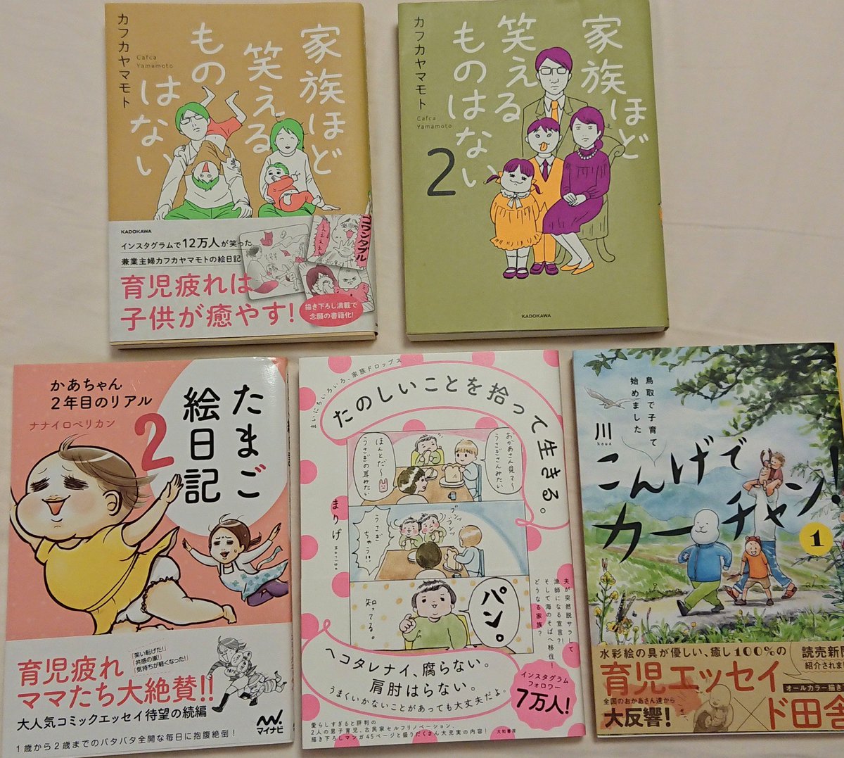 私の育児バイブルかつ殿堂入りの育児エッセイコミック
『家族ほど笑えるものはない』『こんげでカーチャン』『たのしいことを拾って生きる』『たまご絵日記』
育児って、行き詰まると孤独や虚無に陥りがちだけど、視点を変えると世界はこんなにも面白いのかと、読むたびに元気をもらえる本たち。 