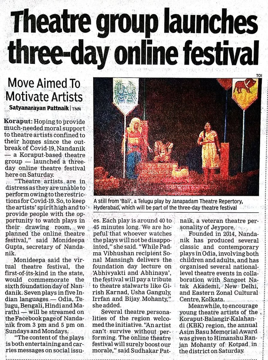 DENCHANALA's tweet photo. @MinOfCultureGoI @prahladspatel @secycultureGOI @PMOIndia @PIBCulture @pspoffice JANAPADAM MODERN THEATRE REPERTORY,(37yrs), Hyderabad performed its prestigious play BALI written by Padmabhushan Girish Karnad in NANDANIK 5TH DEOMALI NATIONAL THEATRE FESTIVAL on 3RD AUGUST, 2020. https://t.co/ZPRw0SYtcR