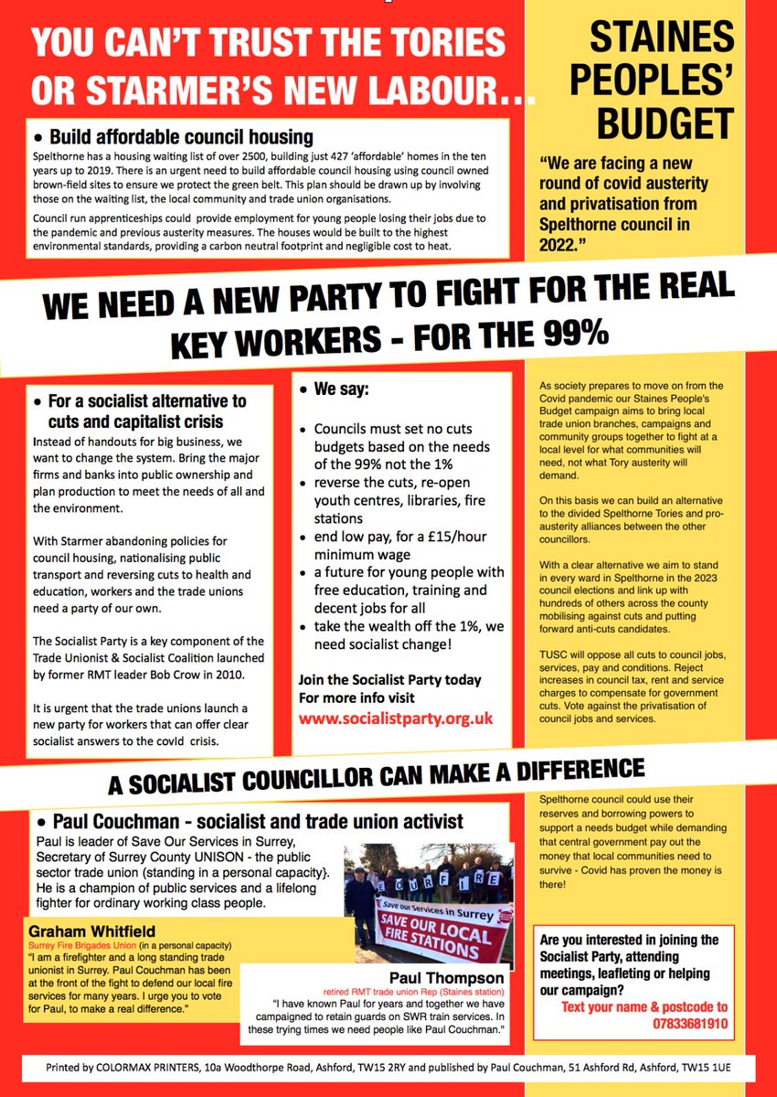 SurreySocialism's tweet photo. Vote for socialism this by-election in Staines ✊
#votesocialistinstaines #TUSC #socialism https://t.co/dqTVZkRiCw