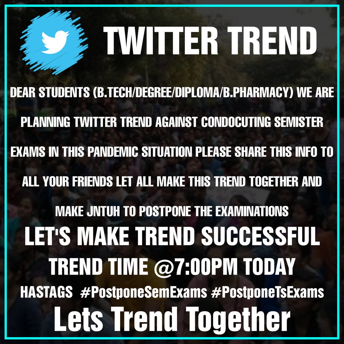 Simtu777's tweet photo. Trend Alert 
#CancelJNTUHExams
#JNTUH #JNTU #Exams #CancelExamsSaveStudents 
@KTRTRS @TSEduDept @TelanganaCMO @TSNSUI @VenkatBalmoor https://t.co/2wTLHWZz9L