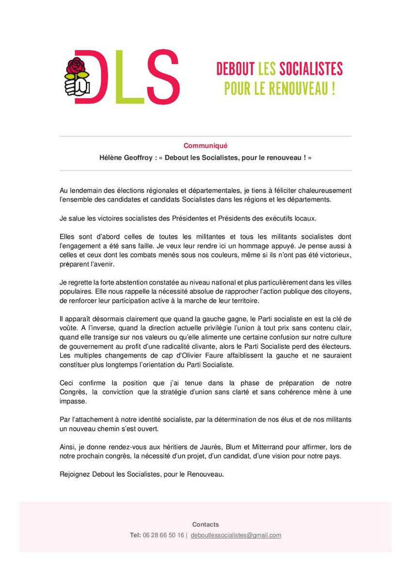 DLesSocialistes's tweet photo. Élections régionales et départementales : retrouvez ici le communiqué de presse d' @HeleneGeoffroy 1ère signataire de notre texte d'orientation 🌹⤵️ https://t.co/pQg1CQEZPj