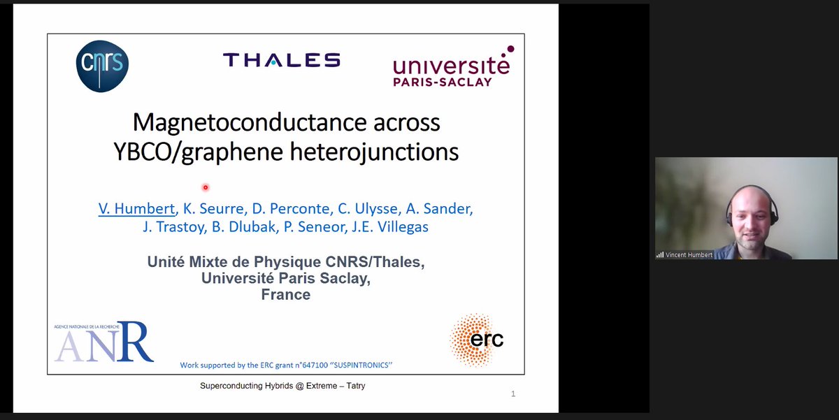 Vincent Humbert from @umphycnrsthales @UnivParisSaclay will be concluding this exciting morning session of the “Superconducting Hybrids @ Extreme” workshop with the talk “Magnetoconductance across YBa2Cu3O7/Graphene Heterojunctions”. This event is supported by @COSTprogramme.