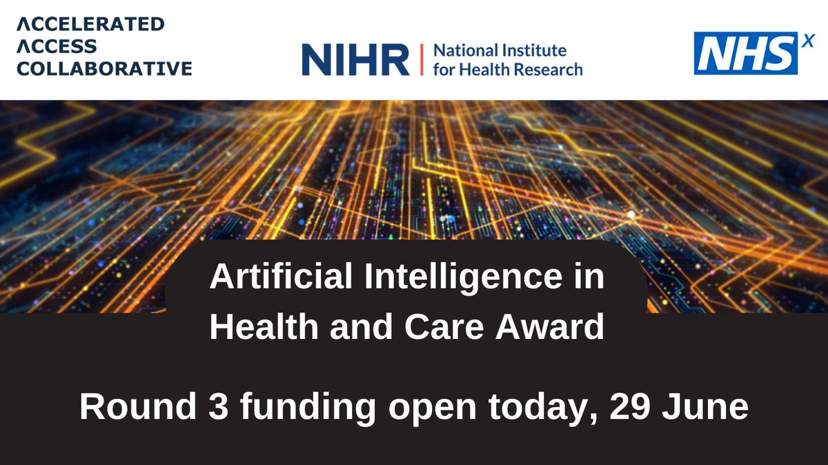 NHSTransform's tweet photo. Applications open today for Round 3 of our AI Award scheme: The AI in Health and Care Awards. Find out about the Award here: https://t.co/9YL4zzgboE 
#NHSAILab #AIAward @AACinnovation @NIHRresearch https://t.co/vb2VzGQHFO