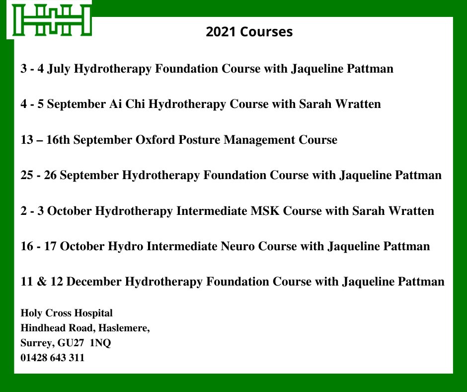 HXHospital's tweet photo. Take a look at the courses that we have planned for the rest of the year
@jacquaticphysio @ATACP
#hospital #physiotherapy #hydrotherapy #complexdisability #rehabilitation https://t.co/tAFfPlpMNJ