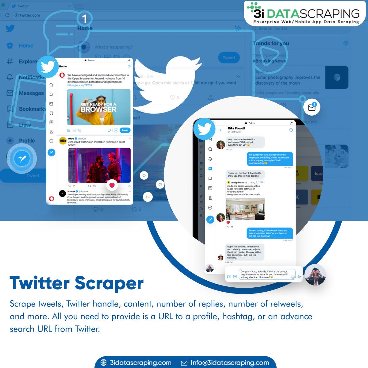 3idata_scraping's tweet image. Extract all tweets from Twitter. Gather tweets, content, number of replies, number of retweets, Twitter handle, hashtags, etc from any Twitter profile or Twitter advanced search page.
3idatascraping.com/scraping-twitt…

#twitterscraper #twitterdataextraction
#usa #canada #uk #australia #uae
