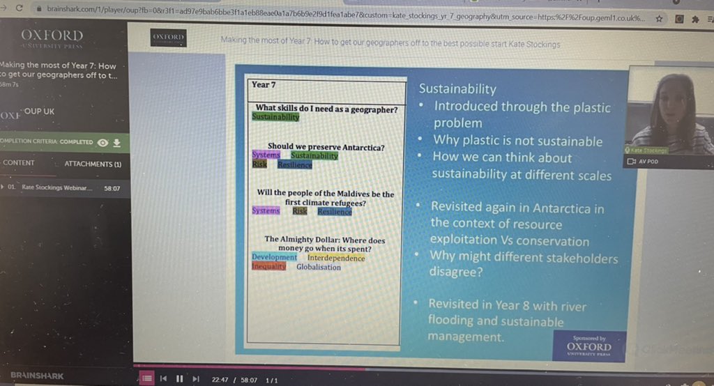 Finally able to catch up on How to make the most of Year 7 Geography with <a href="/kate_stockings/">Kate Stockings</a> and @OxfordEdGeog Only half way and lots to think about already as we think about changes to our KS3 in our deptartment. Thank you! 🌍