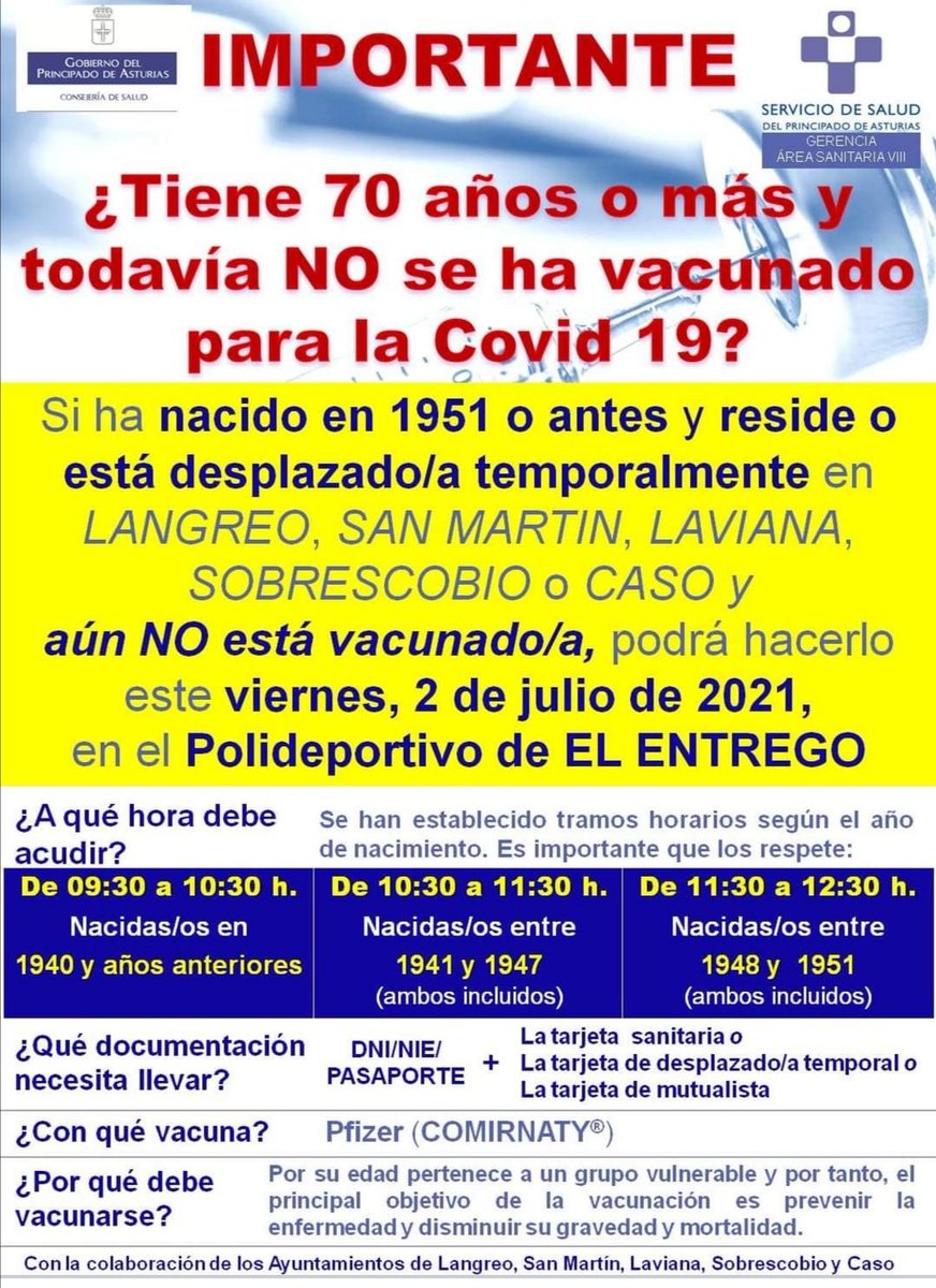 Tienes más de 70 años y aún no estás vacunado/a? 2 de julio. Polideportivo El Entrego (Asturias)