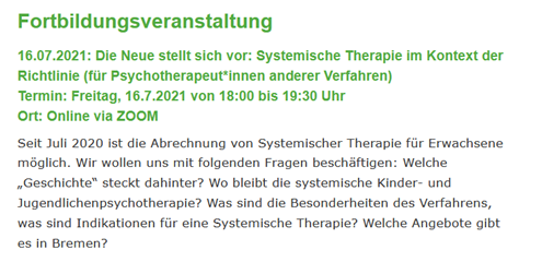 PK_Bremen_'s tweet photo. Online-Fortbildungsveranstaltung

Was sind die Besonderheiten des Verfahrens, was sind Indikationen für eine #SystemischeTherapie?

Referent:
Sebatian Baumann, @SystemischeG 

Moderation:
Anne-Lina Mörsberger, Vorstand Psychotherapeutenkammer Bremen

https://t.co/GSEAlWiDeH https://t.co/A9lvQTTkKE