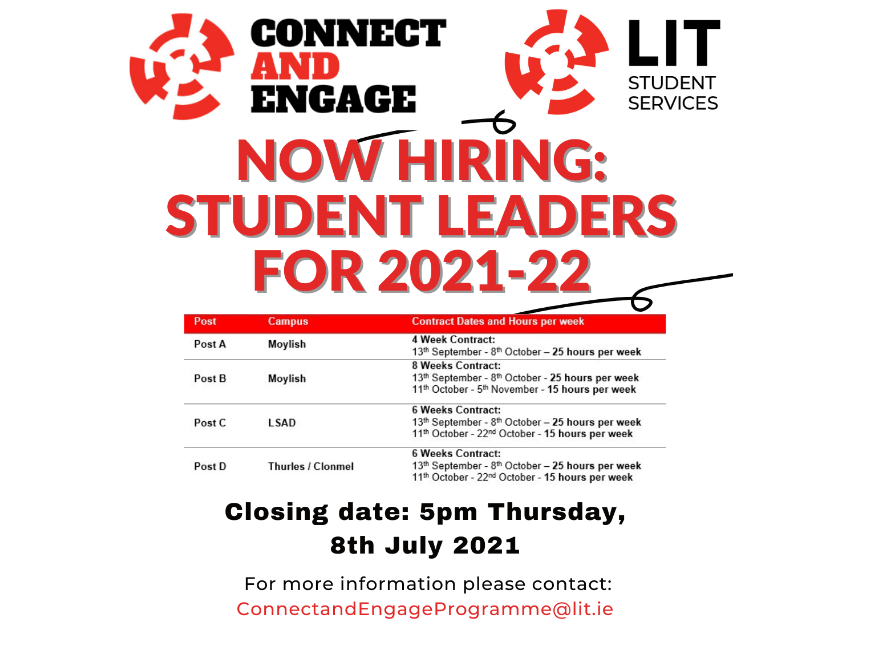 TUS__Access's tweet photo. Are you a LIT Graduate 🎓, If so the Student Services Dept. are recruiting Student Leaders. The Student Leader positions supports the delivery of  the connect &amp; engage induction and orientation programme 

For more info check out the poster below  ⬇️ https://t.co/qr5YXYzJuZ