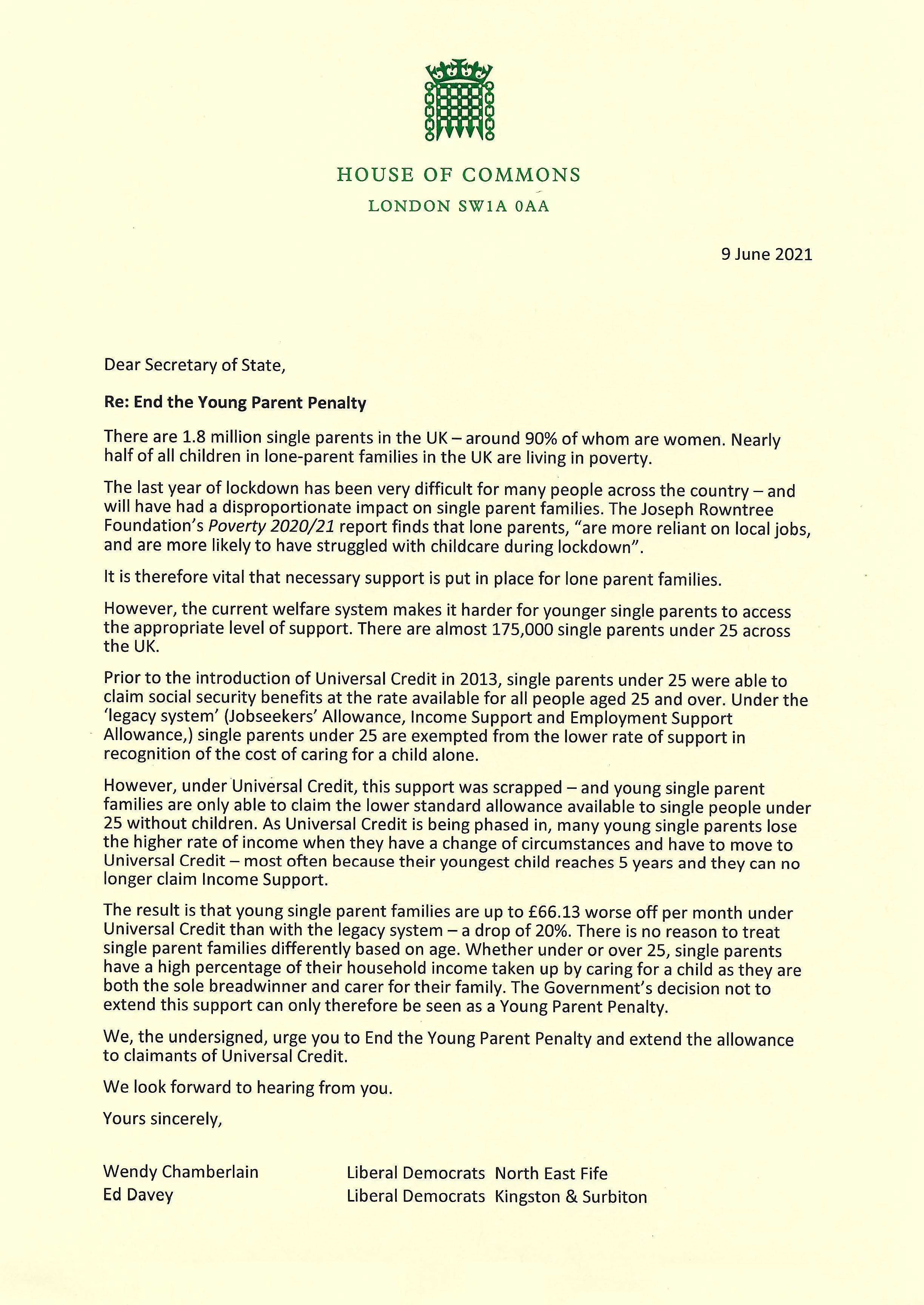 One Parent Families Scotland On 9 June A Letter Was Sent To The Minister For Work And Pensions Therese Coffey Urging Her To Endtheyoungparentpenalty It Was Signed By 60 Mps