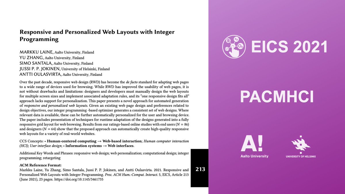 mplaine's tweet photo. (1/7) AI-generated #responsive web designs, #personalized for the user and browsing device

📃 Our #EICS2021 / #PACMHCI paper with Zhang, Santala, Jokinen, @oulasvirta
🌐 Project page: https://t.co/nOBlBotOGN
🎥 Watch the demo: https://t.co/7TRS2xYqvm
@AaltoResearch @helsinkiuni https://t.co/dssPpARl90