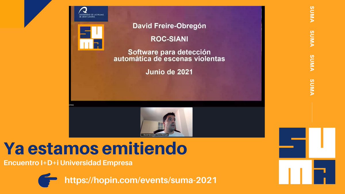 Continúan las ponencias en #Suma_ULPGC con temas como la gestión ambiental, la detección automática de escenas violentas o el uso innovador de fibras de plataneras.

Inscríbete ya gratis: hopin.com/events/suma-20…

<a href="/SPEGC/">SPEGC</a>
@UMaGIRP
 Pró Empresa

#investigación 
#empresas