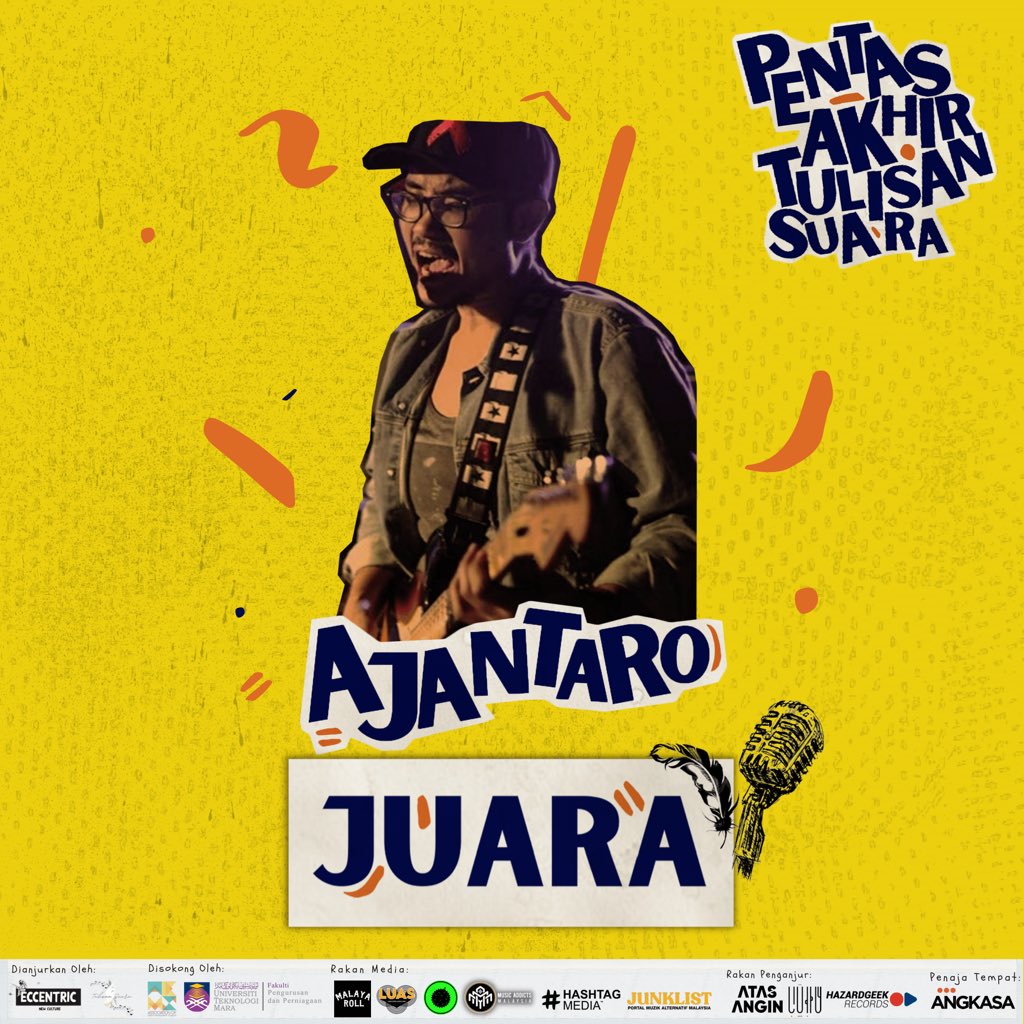 PEMENANG TULISAN SUARA 2021: JUARA 🎊

Tahniah diucapkan kepada Ajantaro kerana berjaya memperolehi gelaran Juara di Tulisan Suara 2021 🎉

#TUSA #tulisansuara2021 #tulisanyangdidengari #wheremusicandlyricsbecomeone #singersongwriter #singingsongwritingcompetition