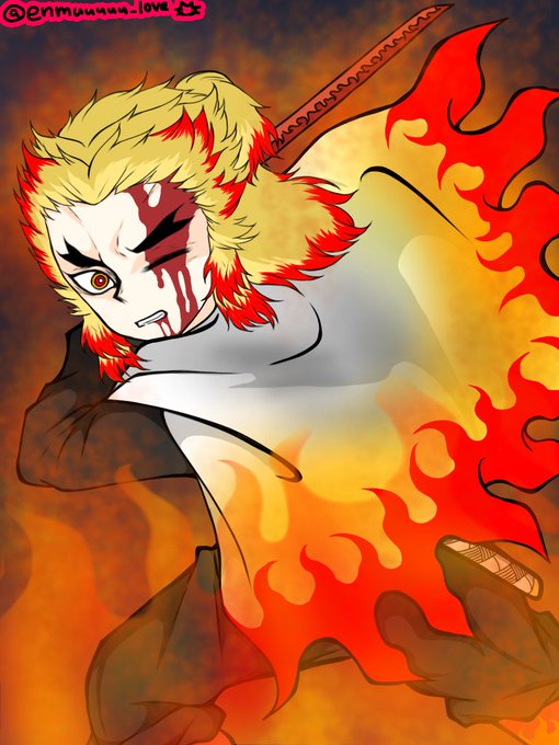 みるくてぃ🍼⸒⸒🏐さんがTwitterに投稿した煉獄杏寿郎(鬼滅の刃)のイラスト。