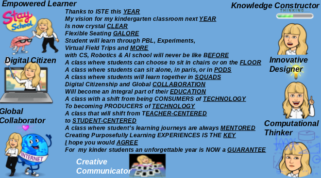 MissUCLA's tweet image. #ISTELive Thanks to @ISTE this YEAR My vision for my Kindergarten classroom next YEAR Is now crystal CLEAR A class that will shift from TEACHER-CENTERED
to STUDENT-CENTERED A class where student’s learning journeys are always MENTORED #ISTELiveContest @ITI_LAUSD @SMMendoza123