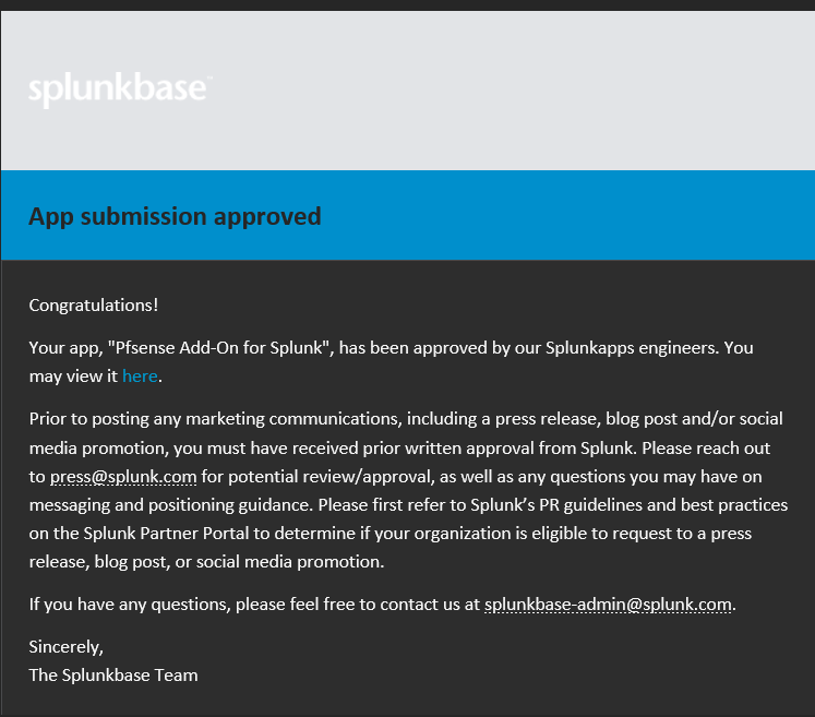 AbwehBarakat's tweet photo. Got approval for my pfsense addon for @splunk
you can find it at @splunkbase & @github
https://t.co/EthMhzhuHA
https://t.co/89uBbnkAYD
@jaber318 thanks for your advice bro.
#splunk #splunkbase #pfsense #addon https://t.co/FBOxcoY8Bn