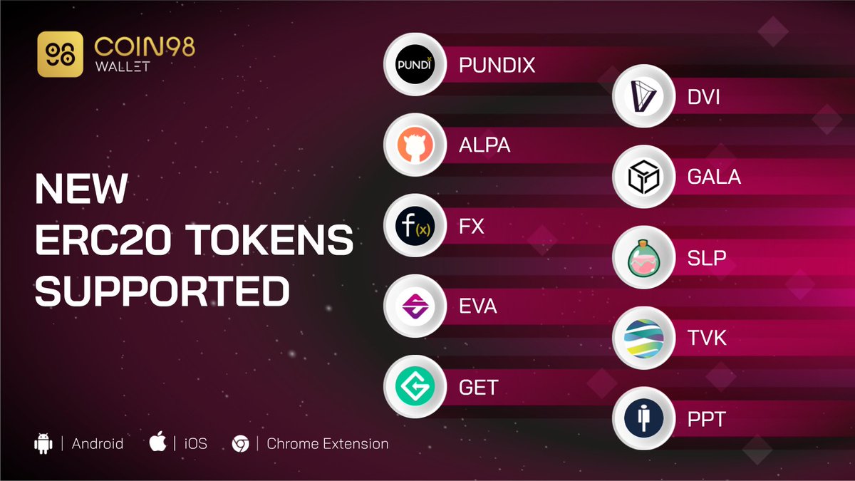 Guess which are the latest ERC20 tokens supported on Coin98 Wallet this week?

Find your answer 👇

$SLP $PUNDIX $FX $ALPA $PPT $EVA $GALA $DVI $GET $TVK