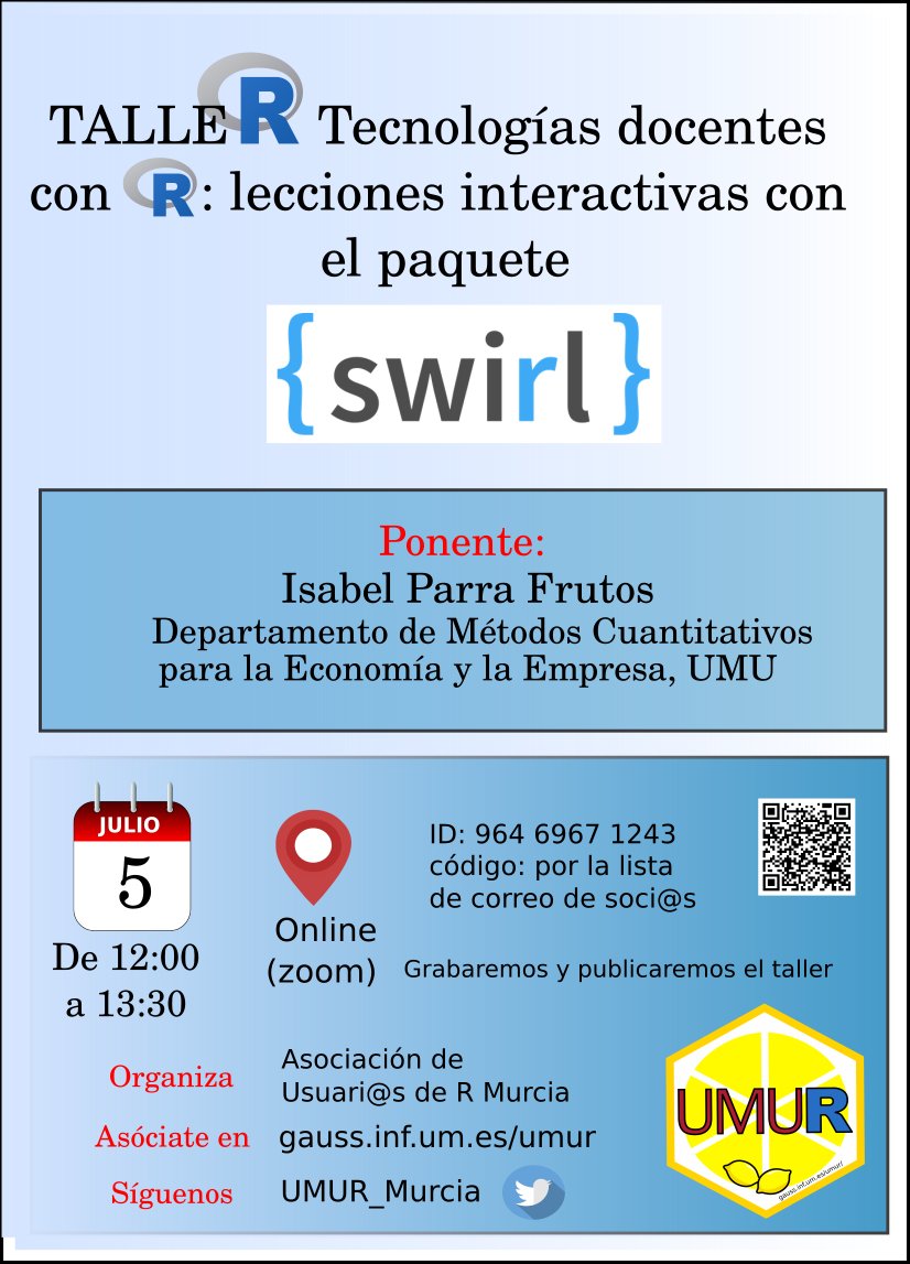 ¡Nuevo taller de UMUR! Os invitamos a asistir al taller "Tecnologías docentes con R: lecciones interactivas con el paquete swirl" que tendrá lugar el próximo 5 de Julio de 12h a 13h30 por zoom. Para recibir los detalles, hazte soci@: bit.ly/2Syd8lg ¡Nos vemos!