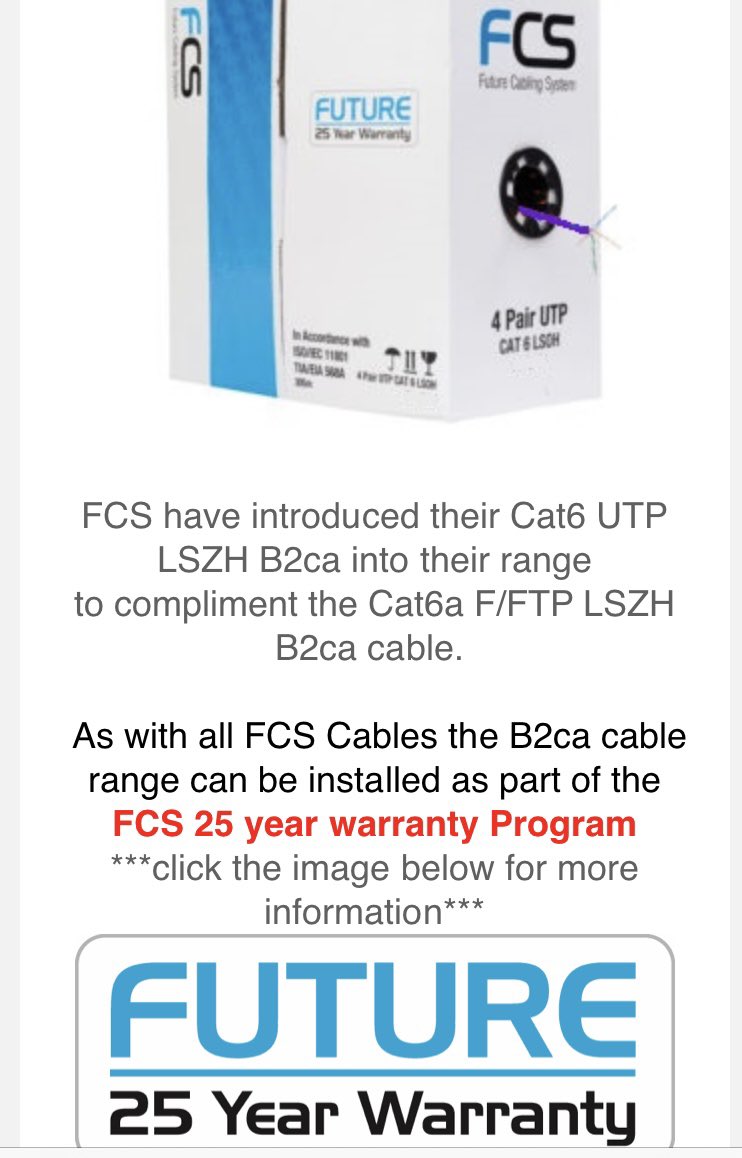 B2ca cpr rated cables available in our range of cat6 &amp; cat6a products. We will soon be stocking an FCS Cat7a cable to complete the range.