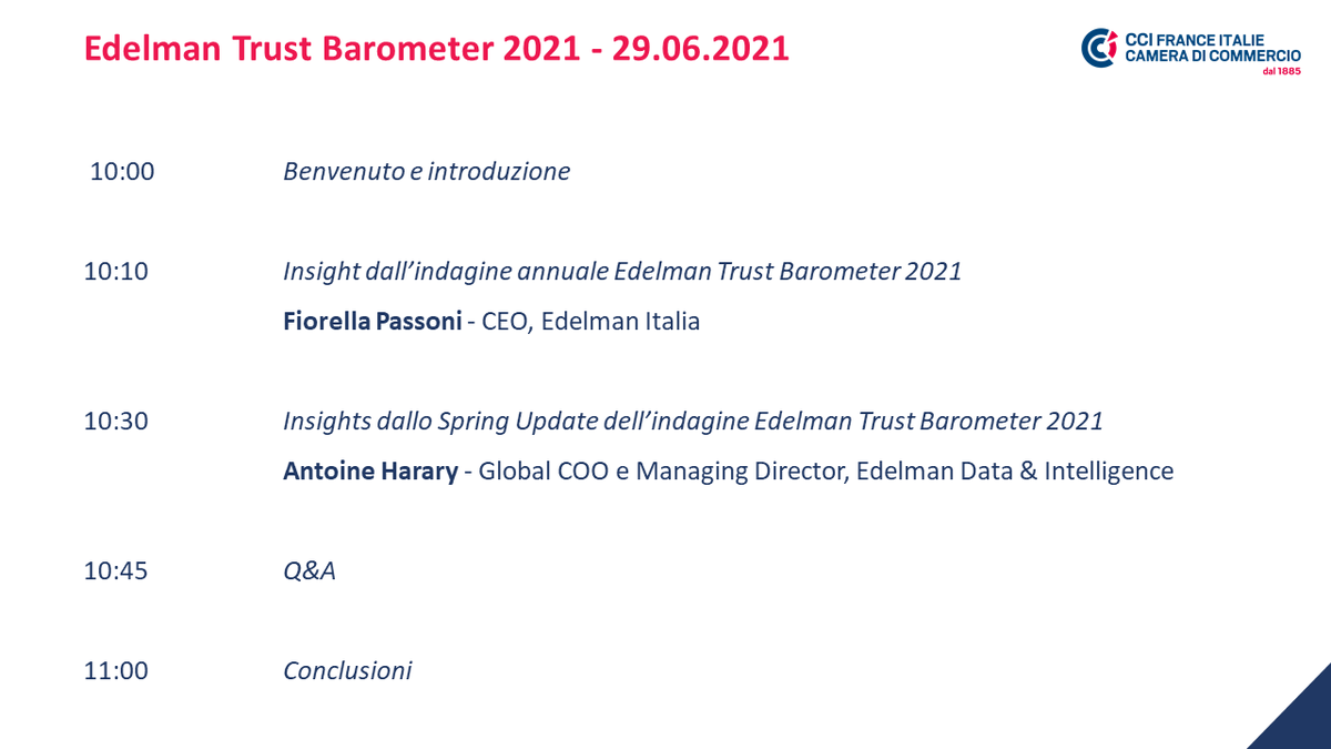 The <a href="/CCIFranceItalie/">CCI France Italie</a> event is about to start. With <a href="/AH2C/">Antoine Harary</a> Global COO and Managing Director @EdelmanDxI we’ll talk about the changing role of institutions in both Italy and France, and how to restart in a post pandemic world. Live tweeting on <a href="/EdelmanItalia/">Edelman Italia</a> #Edelman #TrustBarometer