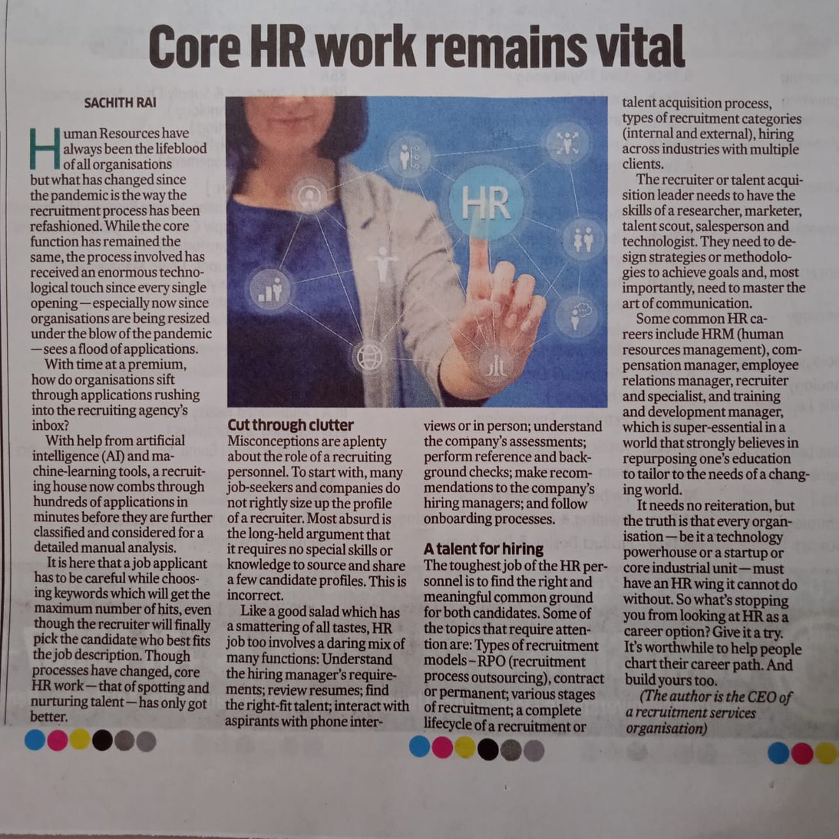 recruise's tweet photo. “While the HR core function remains the same, the process involved has received an enormous technological touch….” say Sachith Rai on his article ‘Core HR work remain vital’ on Deccan Herald, Careers pg. 12.
@recruise @sachithrai
#featured
#HRarticle
#deccanherald
#careers https://t.co/CAl66vEwij
