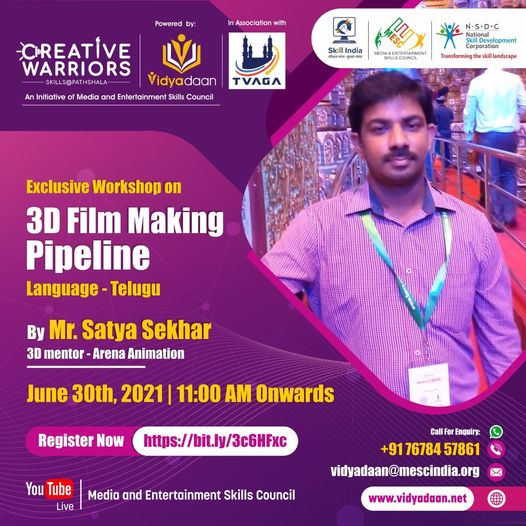 ApssdcH's tweet photo. #APSSDC helpline 18004252422(Mon-Sat) (8 AM-8 PM)
 Date: June 30th, 2021 
 Time 11:00 AM
 Topic "3D Film Making Pipeline" (Language – Telugu)
 Registration Link: https://t.co/PGVJG3k70h https://t.co/YBkvWz4LqJ