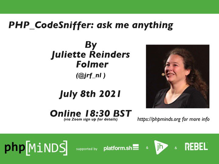 PHPMinds's tweet image. join us next week @jrf_nl will be sharing her extensive knowledge of #PHP_Codesniffer July 8th phpminds.org