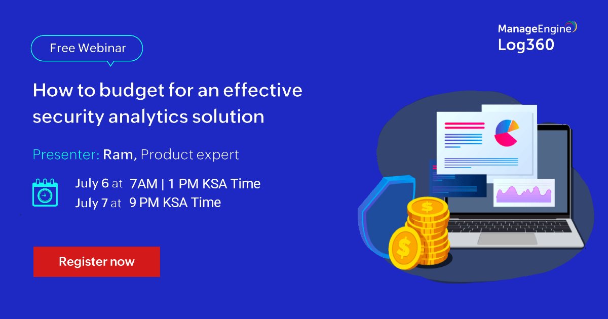 alnafitha_it's tweet image. Effective security analytics or SIEM solution is critical for keeping the sensitive data assets of an organization safe.

Join @manageengine   &quot;How to budget for an effective security analytics solution&quot; to learn more.

Book your spot now:
zcu.io/oF7H 

#Log360