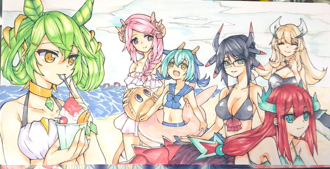 水着ドラゴンメイドの手描きプレマ〜とりあえず完成👙 