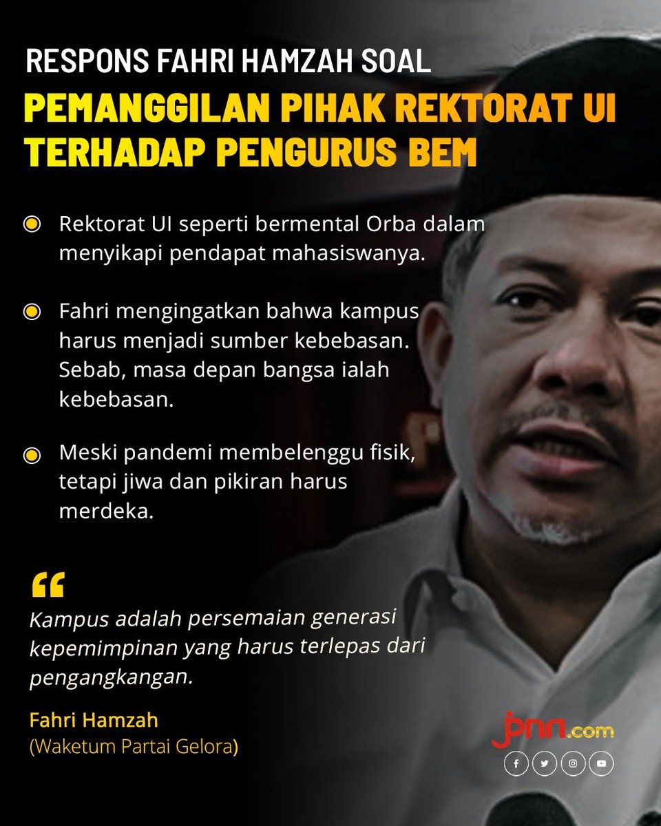 jpnncom's tweet photo. Wakil Ketua DPR periode 2009-2014 Fahri Hamzah angkat bicara atas pemanggilan pihak Rektorat Universitas Indonesia (UI) terhadap pengurus BEM dari kampus beralmamater kuning itu, Minggu (27/6).
@Fahrihamzah
#RektoratUI #BEMUI
https://t.co/drLXpvaN8i https://t.co/cE9djyiphY