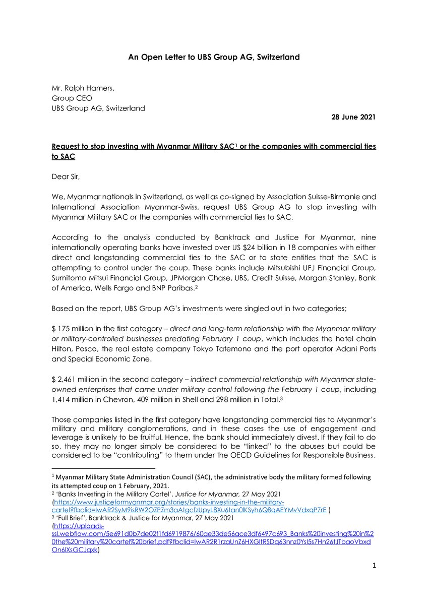 JusticeMyanmar's tweet photo. Ralph Hamers @UBSschweiz STOP ✋🏽❌ investing w/ #Myanmar junta or biz w/ commercial ties to junta!! They are conducting airstrikes, murdering children, shooting ppl in the head &amp; selectively slaughtering medical personnel. End your support now! 📩 by Myanmar ppl in Swiss &amp; CSOs👇🏽 https://t.co/W8rmDoV1AE