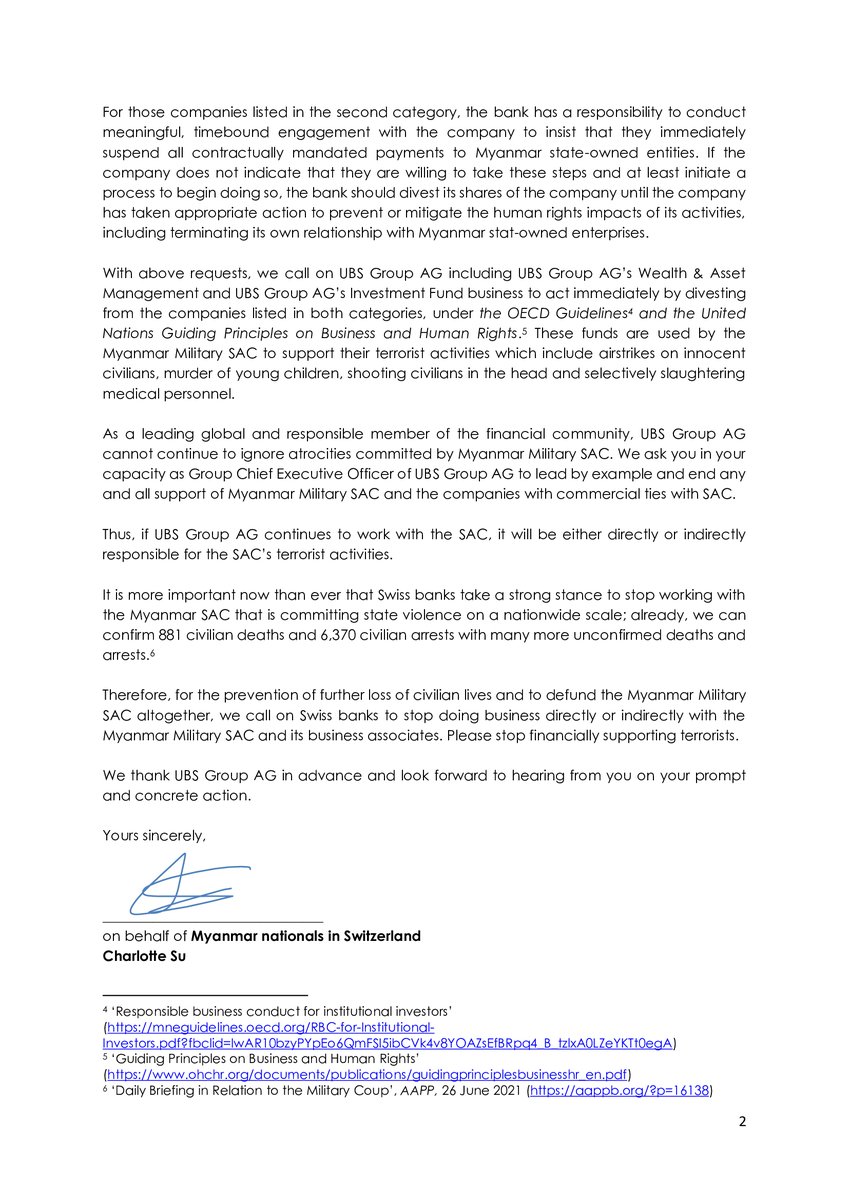JusticeMyanmar's tweet photo. Ralph Hamers @UBSschweiz STOP ✋🏽❌ investing w/ #Myanmar junta or biz w/ commercial ties to junta!! They are conducting airstrikes, murdering children, shooting ppl in the head &amp; selectively slaughtering medical personnel. End your support now! 📩 by Myanmar ppl in Swiss &amp; CSOs👇🏽 https://t.co/W8rmDoV1AE